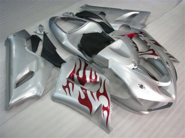 05-06 Silber Rot Flammen Kawasaki ZX6R Motorrad Verkleidung 05-06 Silber Rot Flammen Kawasaki ZX6R Motorrad Verkleidung