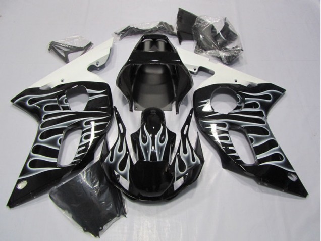 98-02 Schwarze weiße Flamme Yamaha YZF R6 Motorrad Verkleidung